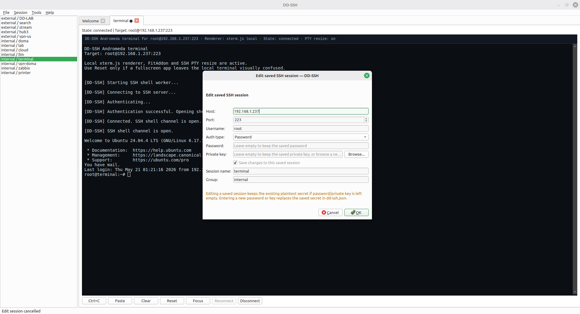 DD-SSH edit 
    saved session dialog