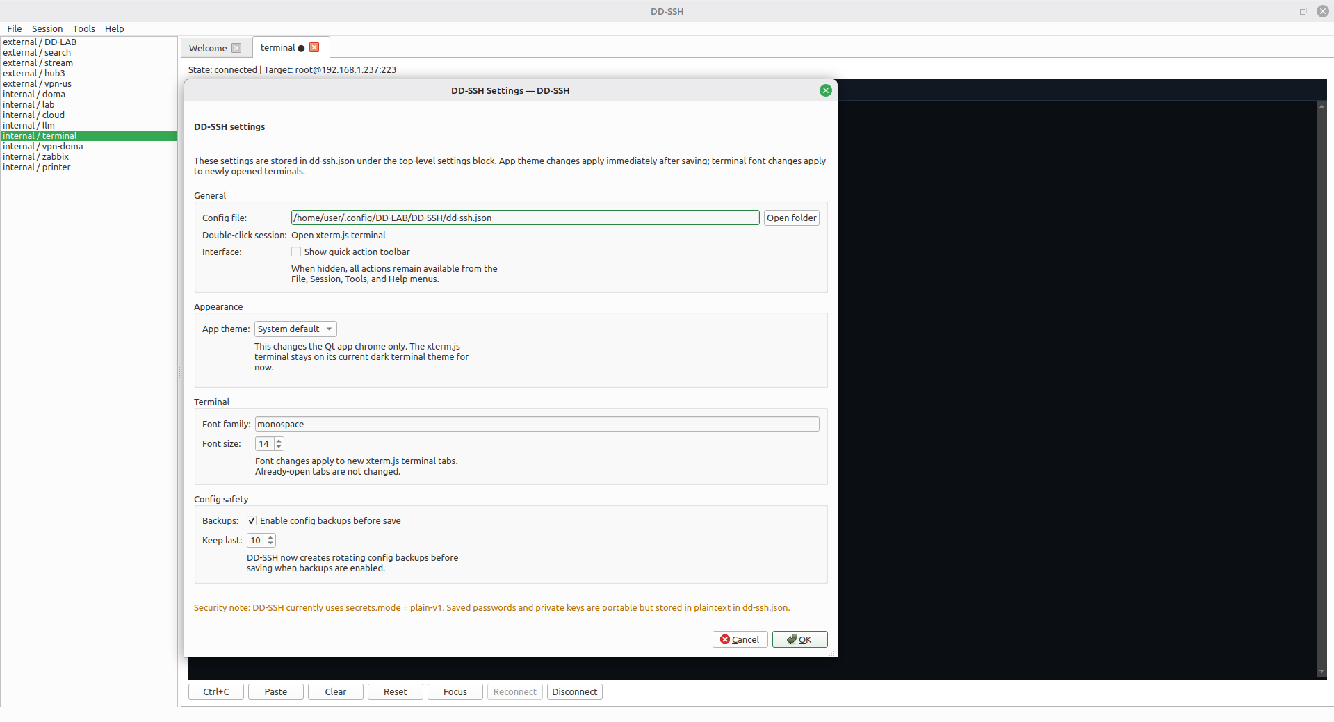 DD-SSH settings 
    dialog
