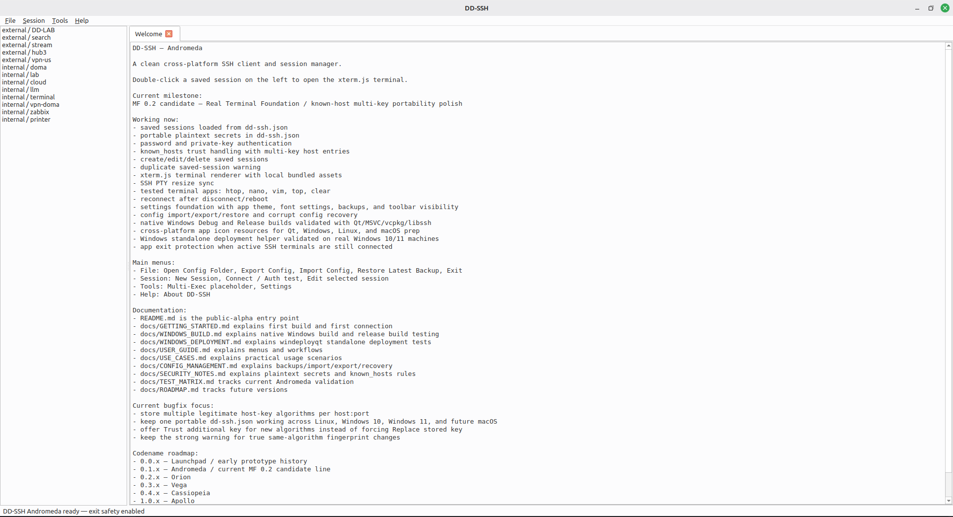 DD-SSH welcome 
    screen with saved session sidebar